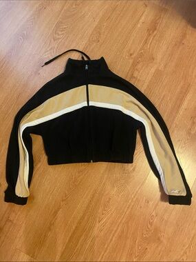 Hollister Black Cropped Bomber Jacket with Tan & White Stripes
